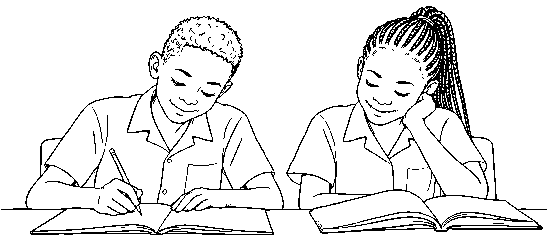 Line drawing of two students studying with open books